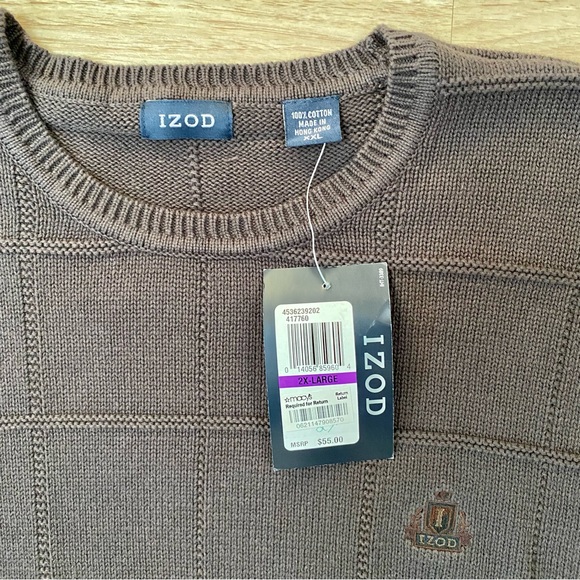 Izod Sweater Men’s 2XL Brown Designer Classic Heavy Casual Crew Neck Box Pattern - Picture 7 of 9